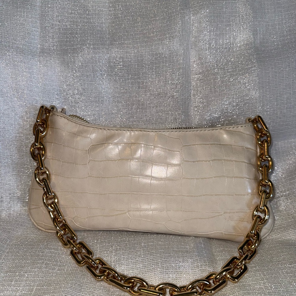 ZARA Elegant Cream Croc-Embossed Bag with Gold Chain